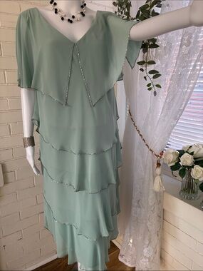 SLNY Sage Green Layered Chiffon Maxi with Beaded Edging